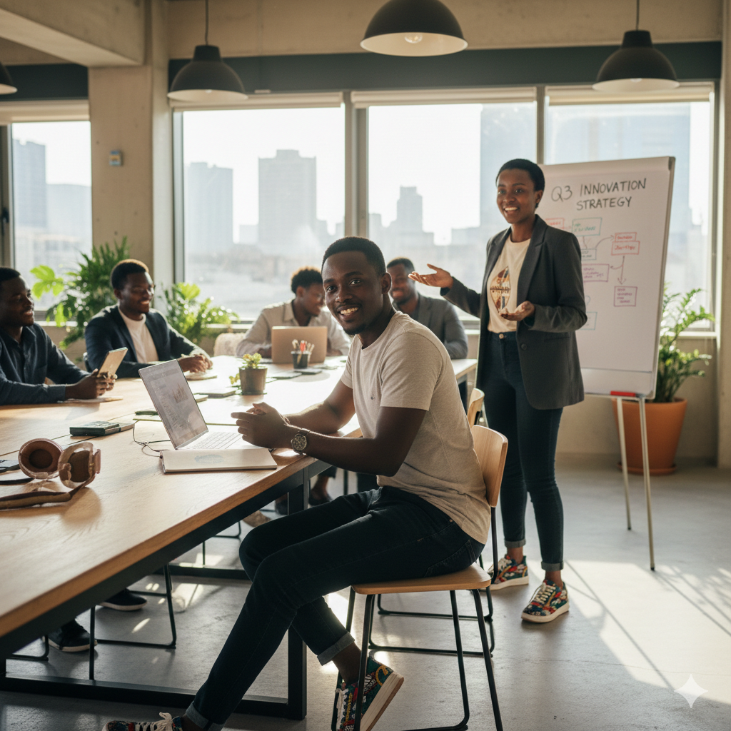 Kenyan Gen Z employees collaborating in a modern office