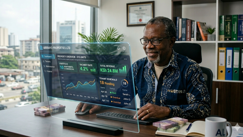 Landlord reviewing a transparent property management dashboard